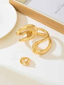 2 件套粗珠宝创意夸张金属泪珠手链和戒指套装，适合女士，多功能通勤和约会，精致礼物 - 金色 - 查看 7