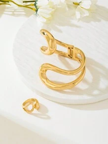 2 件套粗珠宝创意夸张金属泪珠手链和戒指套装，适合女士，多功能通勤和约会，精致礼物 - 金色 - 查看 8