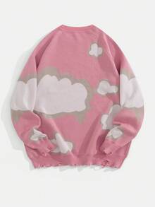 Áo len dệt kim dài tay họa tiết đám mây cổ tròn phong cách đường phố cho nam - Hồng - Xem 2