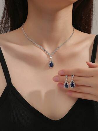 3pcs/Set Rhinestone Water-Drop Decor Jewelry Set