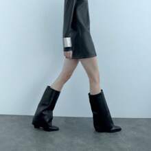 Women's Fashion Knee-High Boots, Flared Rim Boots, Western Boots, Black PU Leather Boots, Pant Boots, Leg Boots, Sexy Boots, Eye-Catching, Suitable For Daily Wear, Indoor/Outdoor, Party, Match With Skirts & Shorts, Autumn/Winter