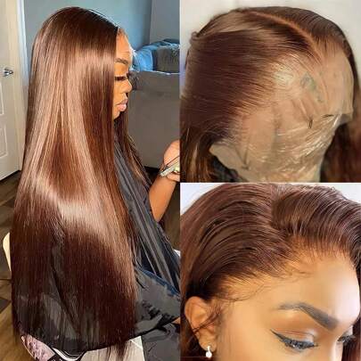 棕色 13x4 13x6 蕾丝前假发，真人发丝，巧克力棕色高清蕾丝前假发，无胶假发，真人发丝，预先拔毛，带婴儿发，180% 密度，深棕色假发，女士款