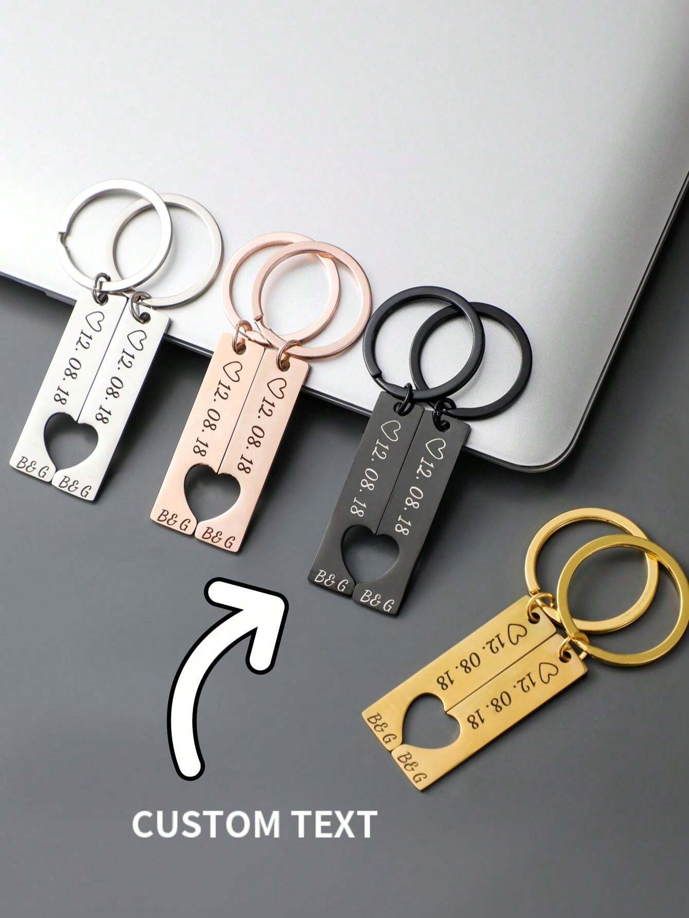 Custom Engraved Heart Couple Keychain Set, Wedding Date Keyring With