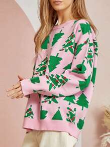 Women Comfy Sweaters Casual Warm Christmas Tree Print Long Sleeve Pullover Basic Knitwear For Fall Streetwear