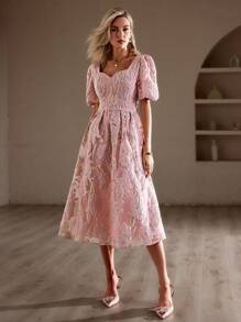 Simplee 女士甜心領氣泡短袖提花連衣裙 - 粉色 - 查看 1