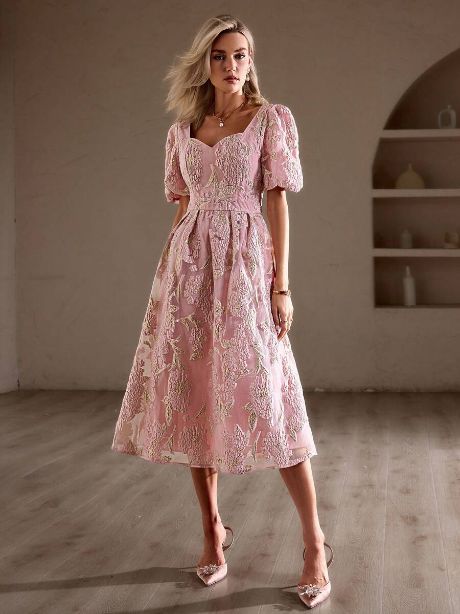 Simplee 女士甜心領氣泡短袖提花連衣裙 - 粉色 - 查看 1