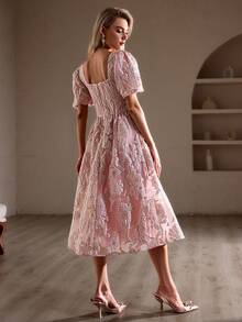 Simplee 女士甜心領氣泡短袖提花連衣裙 - 粉色 - 查看 2