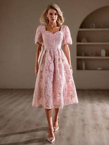 Simplee 女士甜心領氣泡短袖提花連衣裙 - 粉色 - 查看 7