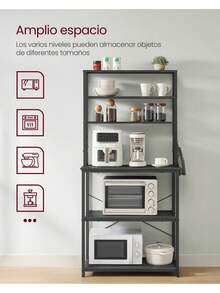 VASAGLE Estantería de Cocina, Estantería de Panadería, 6 Estantes y 6 Ganchos, para Microondas, Marco de Acero, Industrial, 40 x 80 x 167 cm, Gris Carbón y Negro Tinta - Gris Oscuro - Ver 3