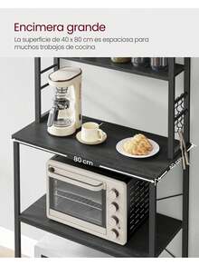 VASAGLE Estantería de Cocina, Estantería de Panadería, 6 Estantes y 6 Ganchos, para Microondas, Marco de Acero, Industrial, 40 x 80 x 167 cm, Gris Carbón y Negro Tinta - Gris Oscuro - Ver 5