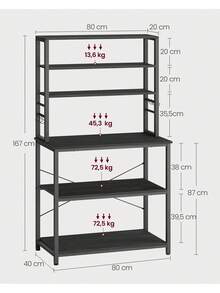 VASAGLE Estantería de Cocina, Estantería de Panadería, 6 Estantes y 6 Ganchos, para Microondas, Marco de Acero, Industrial, 40 x 80 x 167 cm, Gris Carbón y Negro Tinta - Gris Oscuro - Ver 6