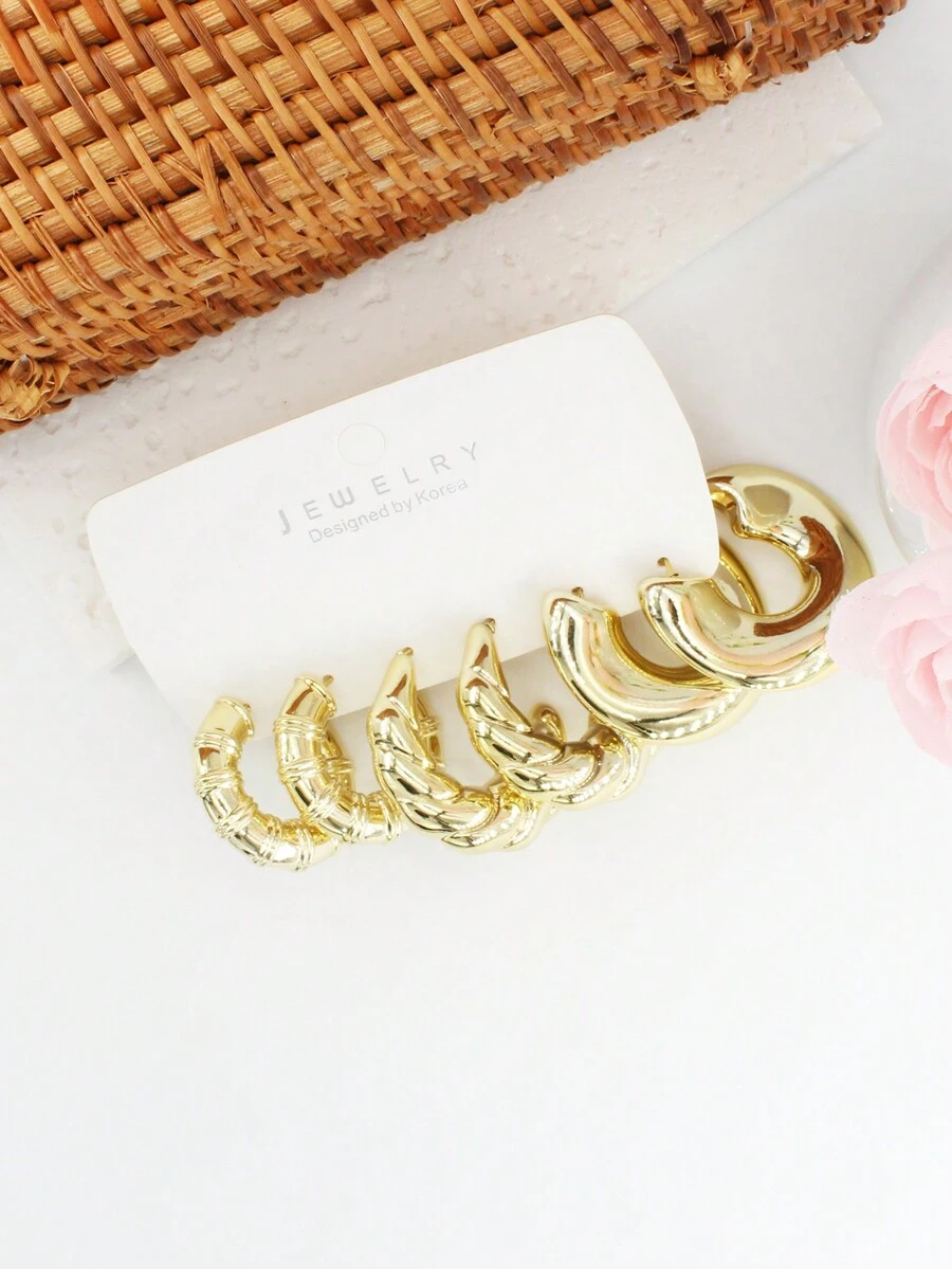 Bộ 3 khuyên tai hình chữ C tối giản, hình tròn, bện, họa tiết bất đối xứng - Bộ 3 bông tai hình chữ C không đều - Xem 1
