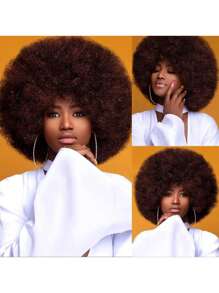 Tóc giả Afro cho phụ nữ Tóc giả tổng hợp xoăn xoăn màu nâu sẫm 10-12 inch Tóc giả thập niên 70-80 Tóc giả bồng bềnh và mềm mại tự nhiên cho trang phục hóa trang dự tiệc hàng ngày - Màu nâu tối - Xem 2