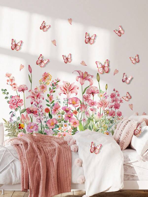 1 Set 12 Stücke/1 Stück rosa Schmetterling Blumen Wandaufkleber, frisches rosa Blumencluster mit goldener Folie 3D Schmetterlinge, geeignet für Wohnzimmer, Schlafzimmer, Badezimmer, Büro, Hintergründe Wanddekoration, Heimdekorationen