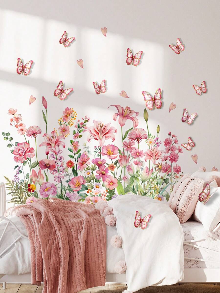 1 套 12 件/1 件粉色蝴蝶花卉墙贴，清新粉色花卉簇配金箔 3D 蝴蝶，适用于客厅、卧室、浴室、办公室、背景墙装饰、家居贴花