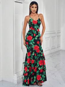 Vestido de noche formal de sirena ajustado con estampado, espalda descubierta y tirantes finos, vestido de fiesta, vestido de novia - Multicolor - Ver 5