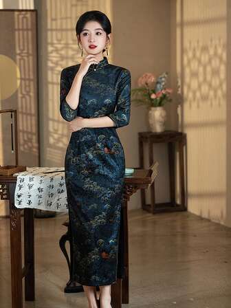 High-End 2024 New Autumn Long Cheongsam Dress, Vintage Style Elegant Blue Daily Wear Dress