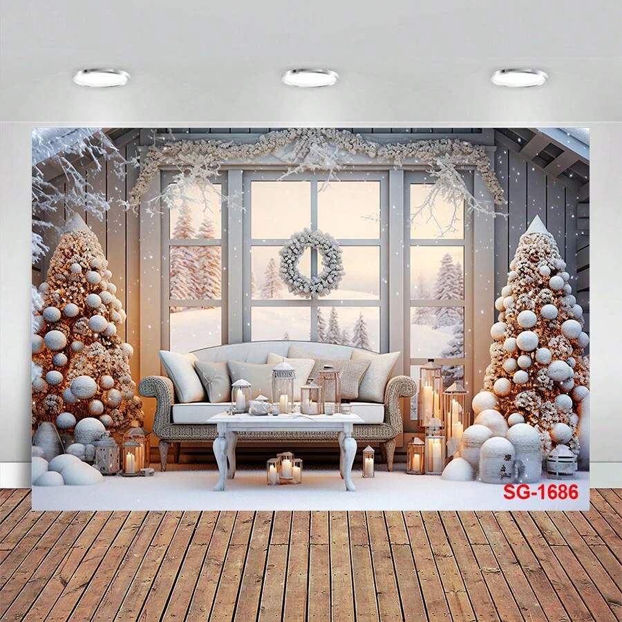 摄影背景冬季白色圣诞橱窗圣诞树礼物家庭肖像装饰背景摄影工作室 - 彩色 - 查看 1