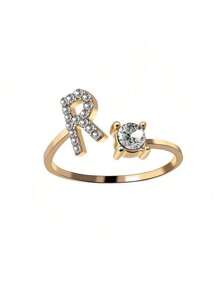 1 Stück modischer einstellbarer Ring mit 26 englischen Buchstaben Design aus kubischem Zirkonia, kreatives Geschenk für Frauen, Paar-Alltagsringe
