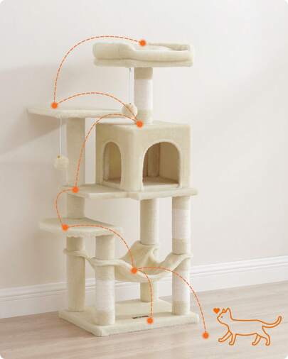 Feandrea Arbre à Chat Hauteur 112 cm, Tour de Jeux pour Chats, avec 4 Poteaux à Griffer, 2 Plateformes, 1 Niche, 1 Hamac, 2 Pompons, en Tissu Peluche, Multi-Niveaux, Beige