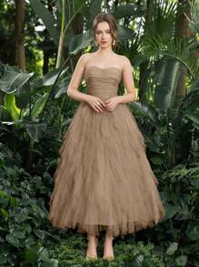 Elisanya Vestido de tul sin tirantes elegante: fruncido delantero y volantes en cascada para graduaciones, bailes - estilo versátil para adolescentes y mujeres jóvenes, vestido de fiesta, vestido de graduación