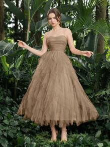 Elisanya Vestido de tul sin tirantes elegante: fruncido delantero y volantes en cascada para graduaciones, bailes - estilo versátil para adolescentes y mujeres jóvenes, vestido de fiesta, vestido de graduación