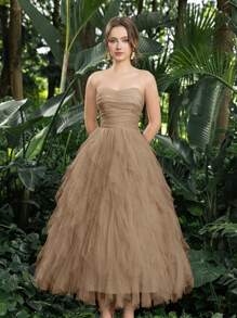 Elisanya Vestido de tul sin tirantes elegante: fruncido delantero y volantes en cascada para graduaciones, bailes - estilo versátil para adolescentes y mujeres jóvenes, vestido de fiesta, vestido de graduación