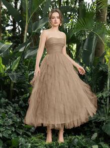 Elisanya Vestido de tul sin tirantes elegante: fruncido delantero y volantes en cascada para graduaciones, bailes - estilo versátil para adolescentes y mujeres jóvenes, vestido de fiesta, vestido de graduación