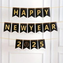1 件 2025 新年快乐横幅装饰套装，纸质字母和时钟设计，适合节日派对用品、新年庆祝活动 - 黑金色 - 查看 2