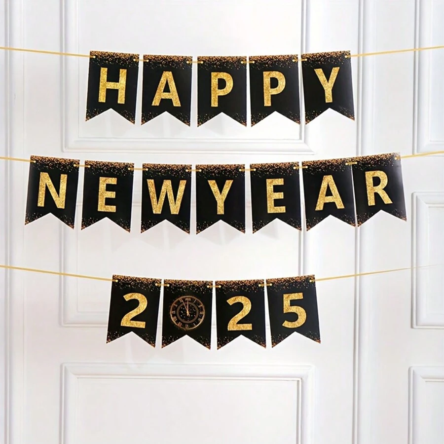1 件 2025 新年快乐横幅装饰套装，纸质字母和时钟设计，适合节日派对用品、新年庆祝活动