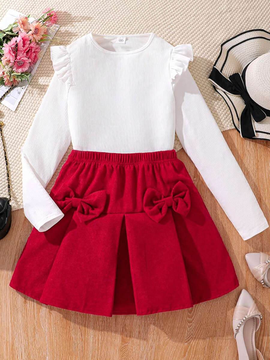 Tween Girls Solid Color Cap Sleeve Top And Bow Decor Skirt 2pcs Set, Spring/Autumn - Red - View 1