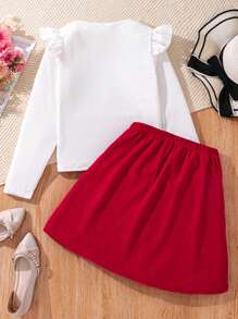 Tween Girls Solid Color Cap Sleeve Top And Bow Decor Skirt 2pcs Set, Spring/Autumn - Red - View 2