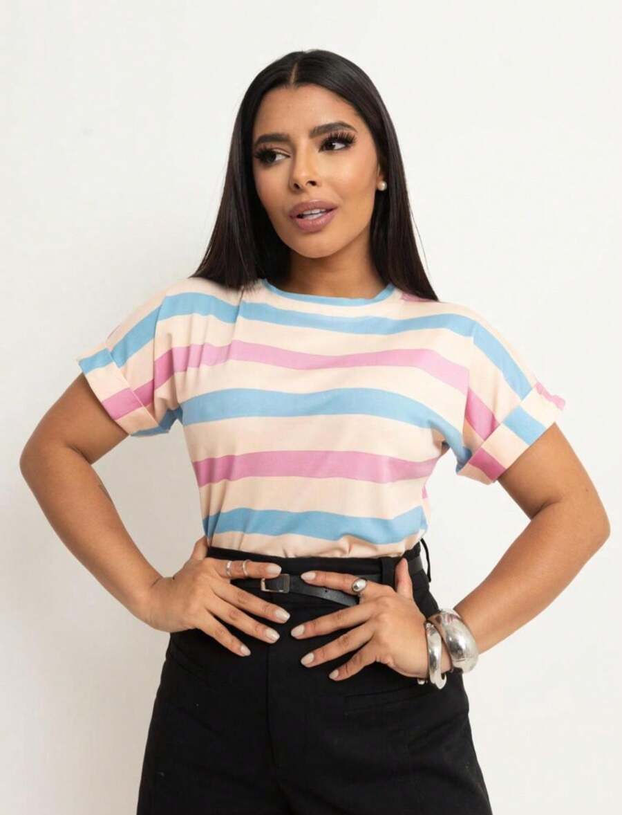 Women's Short Sleeve Striped Round Neck Blouse - Mauve Purple - View 1