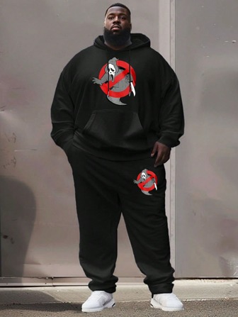 Sweatshirt & Pants Set For Men, Thicken Thermal Lined Hooded Sweatshirt And Loose Fit Sweatpants, 2023 Autumn Winter New Arrival, Plus Size