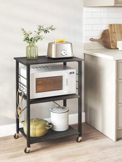 VASAGLE Küchenregal auf Rollen, Servierwagen, 3 Ebenen, Küchenwagen, für Mini-Backofen, Mikrowellen, Metallrahmen, 6 Haken, 40 x 60 x 89 cm, anthrazitgrau-tintenschwarz