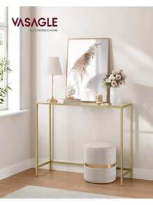 VASAGLE Mesa de Consola, Mesa de Entrada, Extremo del Sofá, Tablero de Vidrio Templado, Marco de Metal, Patas Ajustables, para Salón, Entrada, Pasillo, Dorado Pálido y Transparente - Dorado - Ver 1