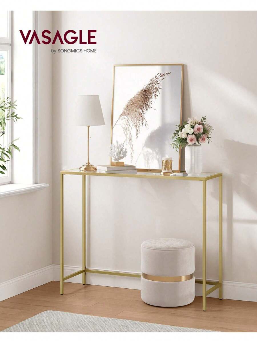 VASAGLE Mesa de Consola, Mesa de Entrada, Extremo del Sofá, Tablero de Vidrio Templado, Marco de Metal, Patas Ajustables, para Salón, Entrada, Pasillo, Dorado Pálido y Transparente - Dorado - Ver 1