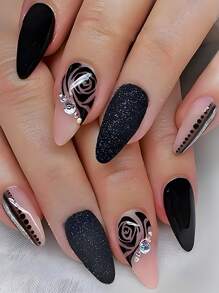 24 件/包杏仁形持久黑玫瑰水滴配闪光指甲贴，性感辣妹风格 - 彩色 - 查看 2