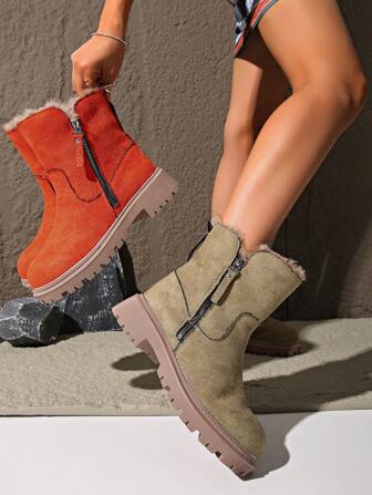 Varma snöstövlar för kvinnor med tjockt pälsfoder, korta vinterstövlar