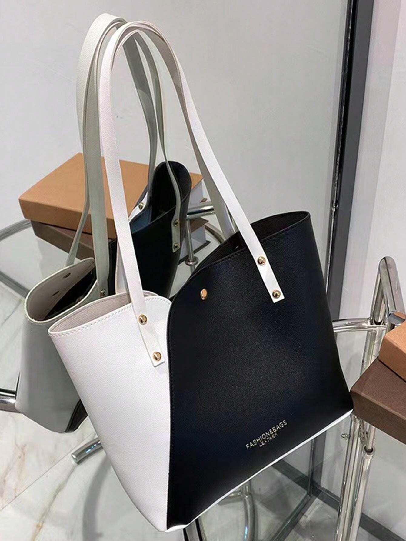 Fashionable Women Color Block Shoulder Bag, Casual Tote, Black & White