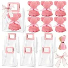 6 套透明礼品袋和毛巾熊套装，包括 6 个带手柄的透明 PVC 礼品袋、6 个毛巾熊和 1 个丝带礼品包装袋，适用于新娘派对、婚礼、生日、节日装饰礼物 - 彩色 - 查看 2