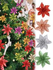 2pcs/10pcs Glitter Poinsettia Artificial Multicolor Poinsettia Christmas Tree Decorations (With Clips), Glitter Poinsettia Flowers, Christmas Decorations, Holiday Accessories, Christmas Tree, Wreaths, Glitter Poinsettia Christmas Tree Ornaments, Holiday Decoration DIY Poinsettia Wreaths, Party Decor Poinsettia Wreath Decorations, Artificial Wedding Flower Decorations, Party Gift Clips - White - View 4