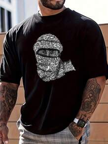 1pc Men's Fashion Arabic Print Poncho-Style T-Shirt - Black - View 1