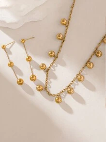 Stainless Steel Ball Pendant Necklace + Earring Jewelry Set, Personalized Hip Hop Style, Suitable For Daily Wear, Gift - Yellow Gold - View 4