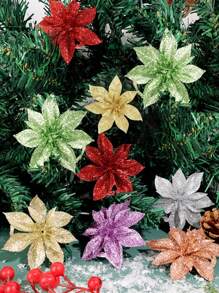 2pcs/10pcs Glitter Poinsettia Artificial Multicolor Poinsettia Christmas Tree Decorations (With Clips), Glitter Poinsettia Flowers, Christmas Decorations, Holiday Accessories, Christmas Tree, Wreaths, Glitter Poinsettia Christmas Tree Ornaments, Holiday Decoration DIY Poinsettia Wreaths, Party Decor Poinsettia Wreath Decorations, Artificial Wedding Flower Decorations, Party Gift Clips - White - View 10