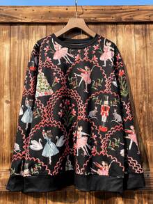 Áo nỉ dài tay họa tiết kẹp hạt dẻ Giáng sinh cỡ lớn in ngẫu nhiên cho nữ mùa xuân và mùa thu thường ngày Giáng sinh 2025 - màu đen - Xem 2