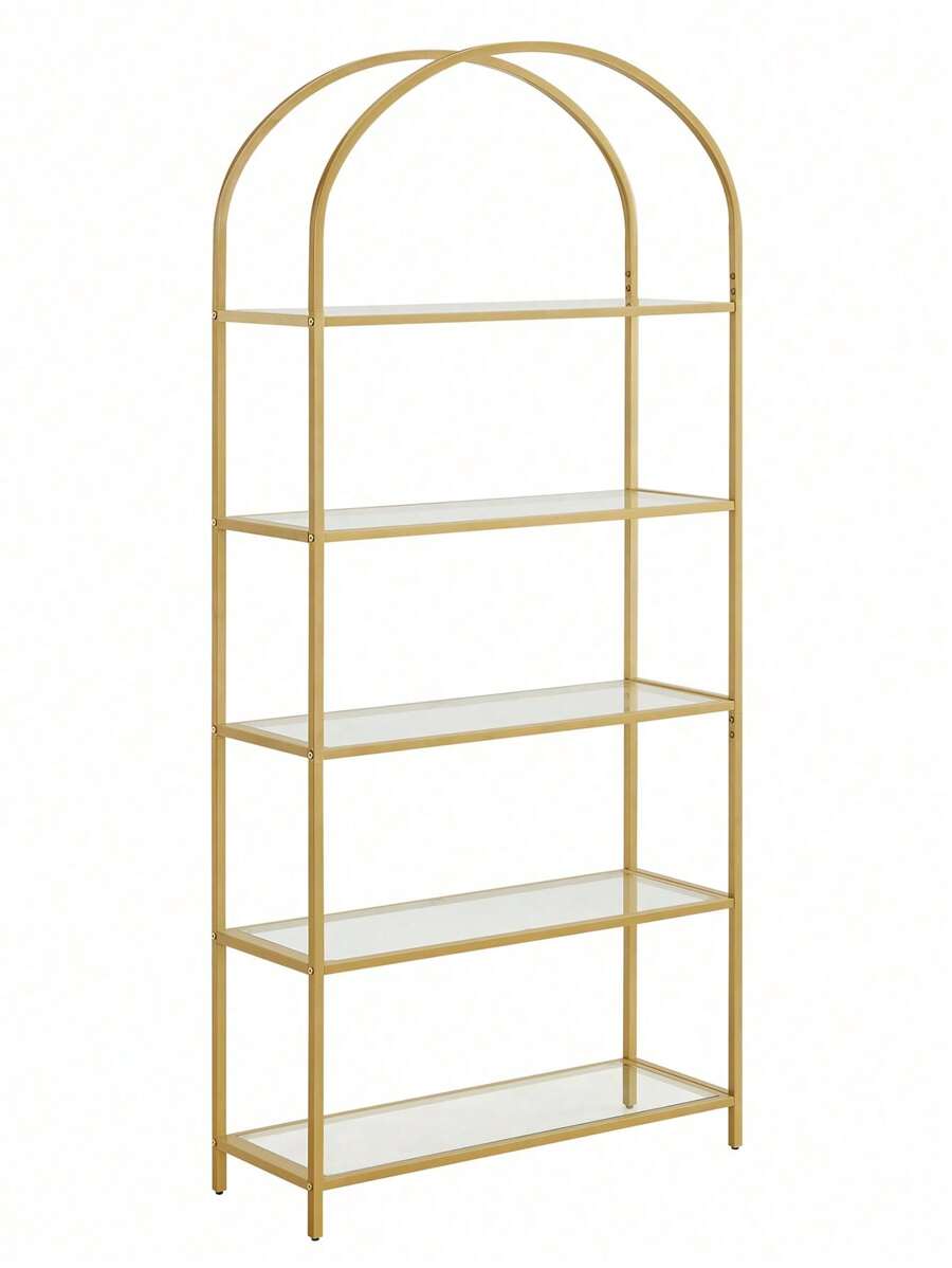 VASAGLE Regal, Bücherregal 5 Ebenen, Standregal aus Hartglas, Aufbewahrungsregal, bogenförmig, Metallstruktur, für Wohnzimmer Schlafzimmer Arbeitszimmer Bad