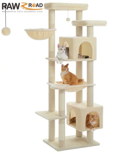 PAWZ Road 175 Cm Multi-Level Cat Tree Tower For Indoor Cats - Activity Center With 5 Sisal Scratching Posts, 2 Caves, Basket, Hammock And Plush Perches
