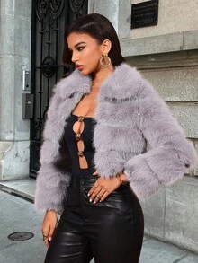 Women's Winter Solid Color Long Sleeve Fluffy Trim Cropped Jacket