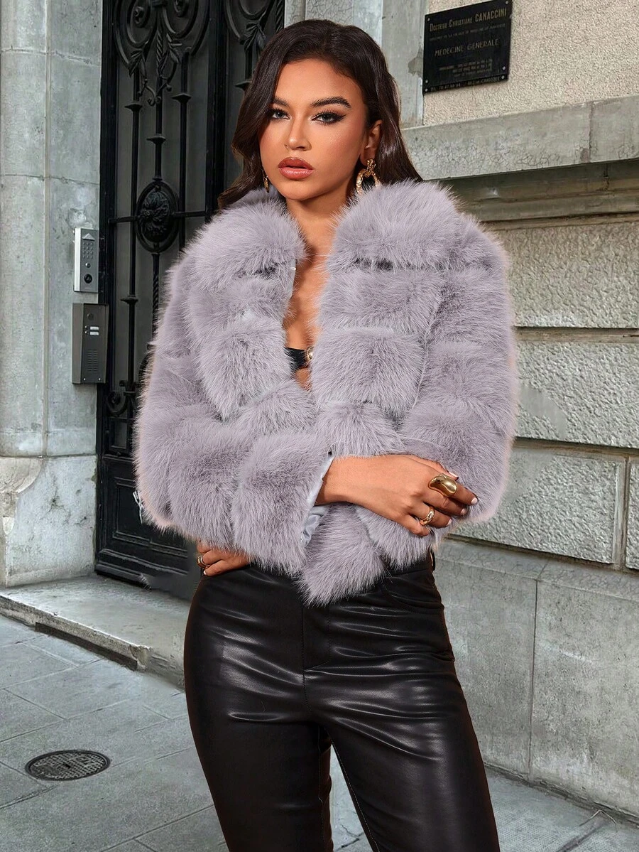 Women's Winter Solid Color Long Sleeve Fluffy Trim Cropped Jacket